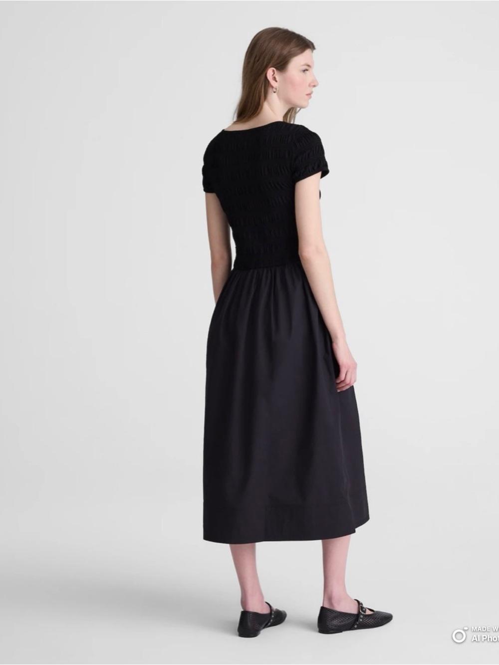 Madewell XXS Black Smocked Boatneck Midi Dress NWT Short Sleeve Cotton Dress - Picture 7 of 17